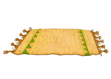 Floor mat. Beige yellow with geometric green pattern and fringed edges. Carpet in rustic ethnic style. Color illustration hand drawn. For printing in children's books, postcards or other products.