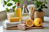 Lemon, soap, loofah and bath accessories on the table. Eco-friendly cleaning products 