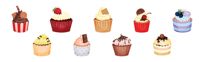 Poster - Sweet Cupcake or Fairy Cake Baked in Paper Cup Topped with Whipped Cream Vector Set