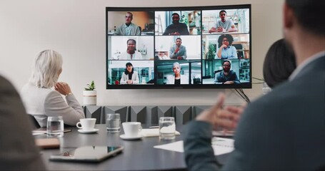 Poster - Business people, video conference and meeting of team in boardroom for online presentation, discussion and wave hello. Group, virtual communication and global webinar call on digital screen in office