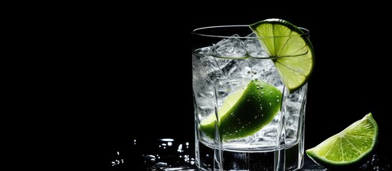 Canvas Print - A picture of a glass of gin and tonic with ice and lime is shown on a white background with empty space for text.