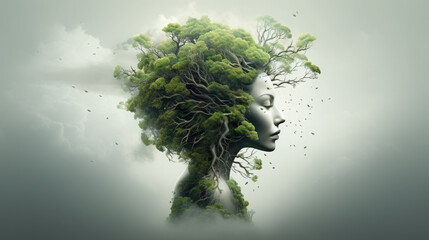 Wall Mural - Environmental consciousness and awareness. sustainability concept. Double exposure with trees and plants.