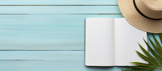 Poster - Blank Writing Book With Summer Beach Accessories On Background, Copy Space. Flat Lay With Copy Space.