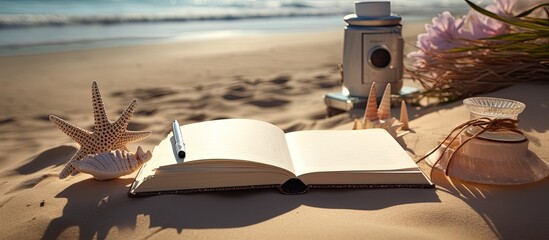 Poster - A writing book with beach accessories as the background, with plenty of space for writing.