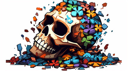 Unique halloweeen skull, piece of past, tiles of suffering, pain, burning in blue light of colorful emotions, love, AI GENERATIVE
