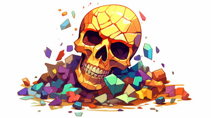 Unique halloweeen skull, piece of past, tiles of suffering, pain, burning in blue light of colorful emotions, love, AI GENERATIVE
