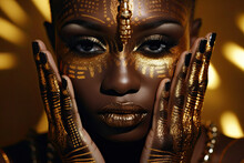 AI Generator Illustration Of A Portrait Of A Young Attractive Black Woman With Her Hands On Her Face While Wearing A Gold Painting