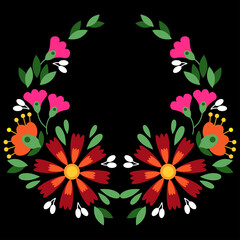 Floral Mexican embroidery in the form of a wreath on a black background