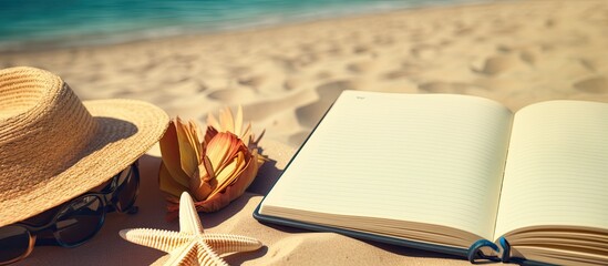 Poster - A summer-themed notebook with beach accessories in the background. copy space available.