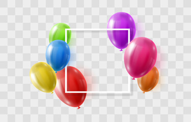 Wall Mural - Vector colorful balloons isolated on png background. Realistic festive 3d helium balloons template for anniversary, Birthday party design. Vector illustration on transparent background