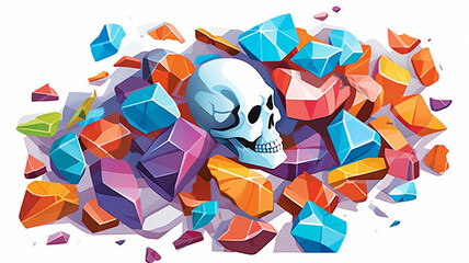 Skull, piece of past, tiles of suffering, pain, burning in blue light of colorful emotions, AI GENERATIVE