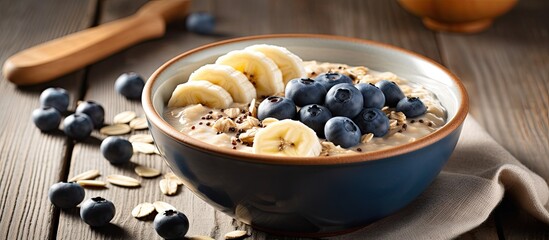 Wall Mural - A bowl of oats soaked in milk with peanut butter, banana slices, blueberries, and chia seeds is served for breakfast in California. also a small bowl of extra blueberries on the side. Copy space
