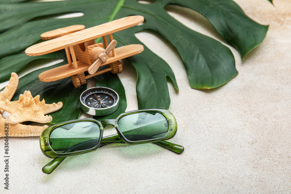 Composition with sunglasses, airplane, starfishes, compass and monstera leaf on light background