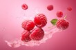 Many fresh raw red raspberries exploding and flying all around the pink background, steam and smoke behind. food levitation. Generative AI technology