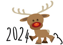 Little funny baby cartoon reindeer supporting number nine in numeric year and kicking number eight, pour feliciter 2024 graphic
