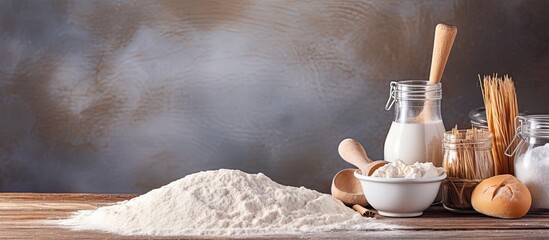 Sticker - Baking supplies such as flour, eggs, and sugar are displayed on a light white wooden surface along with a rolling pin. provides ample space for adding a caption or text.