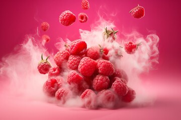 Many fresh raw red raspberries exploding and flying all around the pink background, steam and smoke behind. food levitation. Generative AI technology