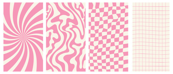 Wall Mural - Set of groovy retro backgrounds. Vertical posters with swirl and checkered texture. Trendy vector backgrounds in retro psychedelic style