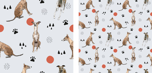 Wall Mural - Seamless whippet dogs pattern, holiday texture. Square format, t-shirt, poster, packaging, textile, textile, fabric, decoration, wrapping paper. Trendy hand-drawn abstract wallpaper with dogs.