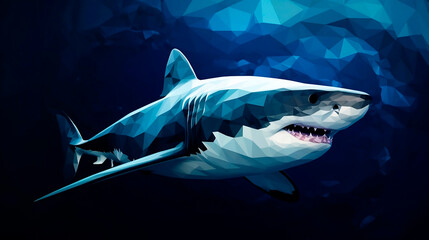 Wall Mural - Ocean shark bottom view from below. Open toothy dangerous mouth with many teeth. Underwater blue sea waves clear water shark swims forward