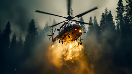 Wall Mural - a forest fire is extinguished by firefighting helicopter (Generative AI)