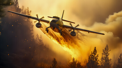 Wall Mural - a forest fire is extinguished with firefighting aircraft (Generative AI)