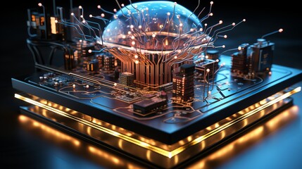 A macro image of a processor or a graphic card, technological device storing memory, brain-shaped, hardware close-up, neon led lights. Generative AI technology