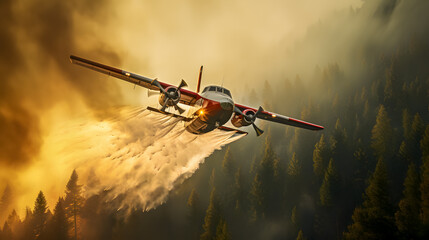 Wall Mural - a forest fire is extinguished with firefighting aircraft (Generative AI)