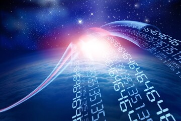 Wall Mural - abstract globe with digital communications in sky.