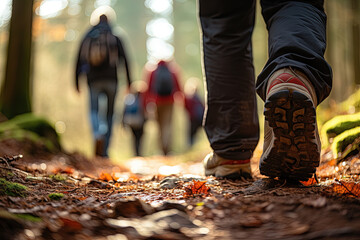 Hiking with friends. Away from civilization to the forest. Camping with friends and family. Hiker's feet close up.