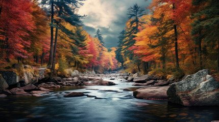  Autumn river yellow fall leaves landscape background