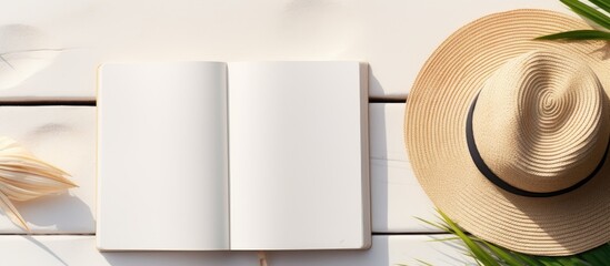 Poster - A flat lay image showing a blank writing book with summer beach accessories in the background. copy space available in the image.