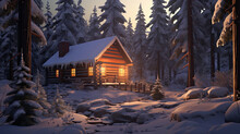 Winter House Cottage In The Forest Snowy Night Landscape