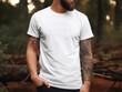 A mockup of a male model wearing a white T-shirt, no face