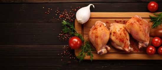 Poster - top view of raw and fresh chicken drumsticks seasoned with spices and placed alongside vegetables on a wooden cutting board. The background is black, and empty space for text.