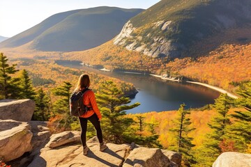 young woman hiker standing on edge of cliff and enjoying view of lake in autumn mountains