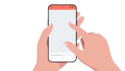 Aufkleber - Phone in hand - Vector illustration of hands using mobile smartphone with blank web browser with search field in bottom. Flat design mockup template on white background
