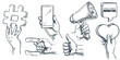 Human hand holding loudspeaker, hashtag sign, magnet, smartphone, heart. Vector hand drawn sketch business illustration