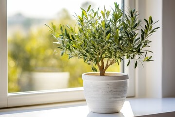 Sticker - Gorgeous, youthful potted olive tree displayed on a windowsill, adding a stunning touch to the interior.