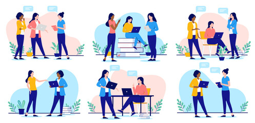 Poster - Office women collection - Set of vector illustration with businesswomen working, talking and discussing together. Flat design on white background