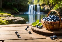 A Rustic Handwoven Basket Filled With Freshly Harvested Blueberries And Strawberries To Its Brim Placed On A Rustic Picnic Table - AI Generative