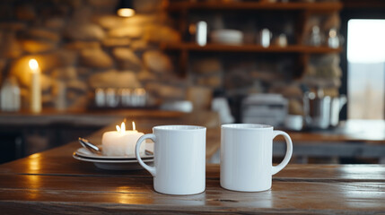  Two white mugs standing on a wooden kitchen island against contemporary kitchen backdrop.