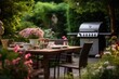 © 2rogan - Enjoying the summer season in my backyard oasis, surrounded by lush greenery and vibrant flowers. The scent of sizzling barbeque fills the air as I gather around a wooden table. The backdrop is a hazy