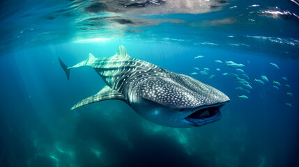 Wall Mural - Whale shark swimming in the deep blue waters of the Pacific Ocean