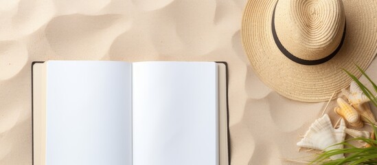 Poster - Flat lay with copy space featuring a blank writing book with summer beach accessories in the background.