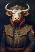 Simulation Of A Classic Oil Painting Of A Bull In Military Clothing