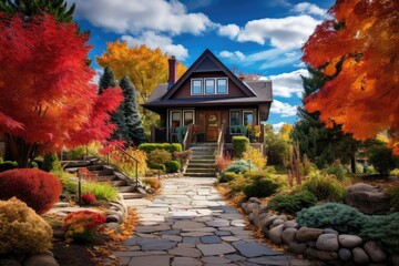 Poster - During the early autumn season, a beautiful view unfolds before you as you gaze upon the front walkway and catch a partial glimpse of a residential home. The sky above is adorned with a myriad of