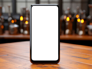 Wall Mural - Mockup image of a smartphone with a white screen on a wooden table in a cafe. Generative AI