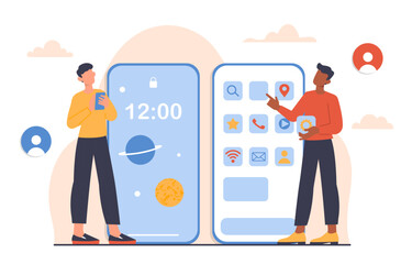 Wall Mural - managing phone interface concept. men near smartphone screen. display on gadget or device. firmware 