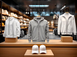 Wall Mural - Blank white and gray hoodies on store showcase. Generative AI